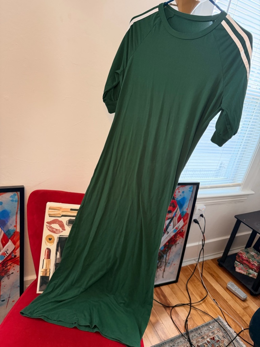 Forest Green Maxi Dress with White Shoulder Stripes